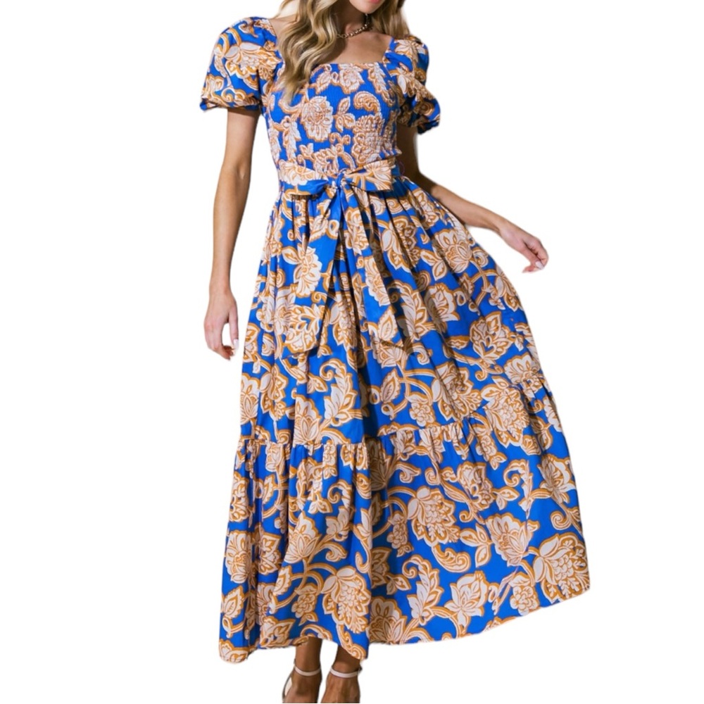 Women's Blue / Orange Printed Smocked Bodice Ankle Length Dress NEW